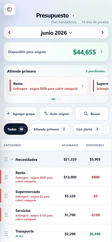 Presupuesto con dinero disponible, categorías cotidianas, movimientos y saldos por categoría.